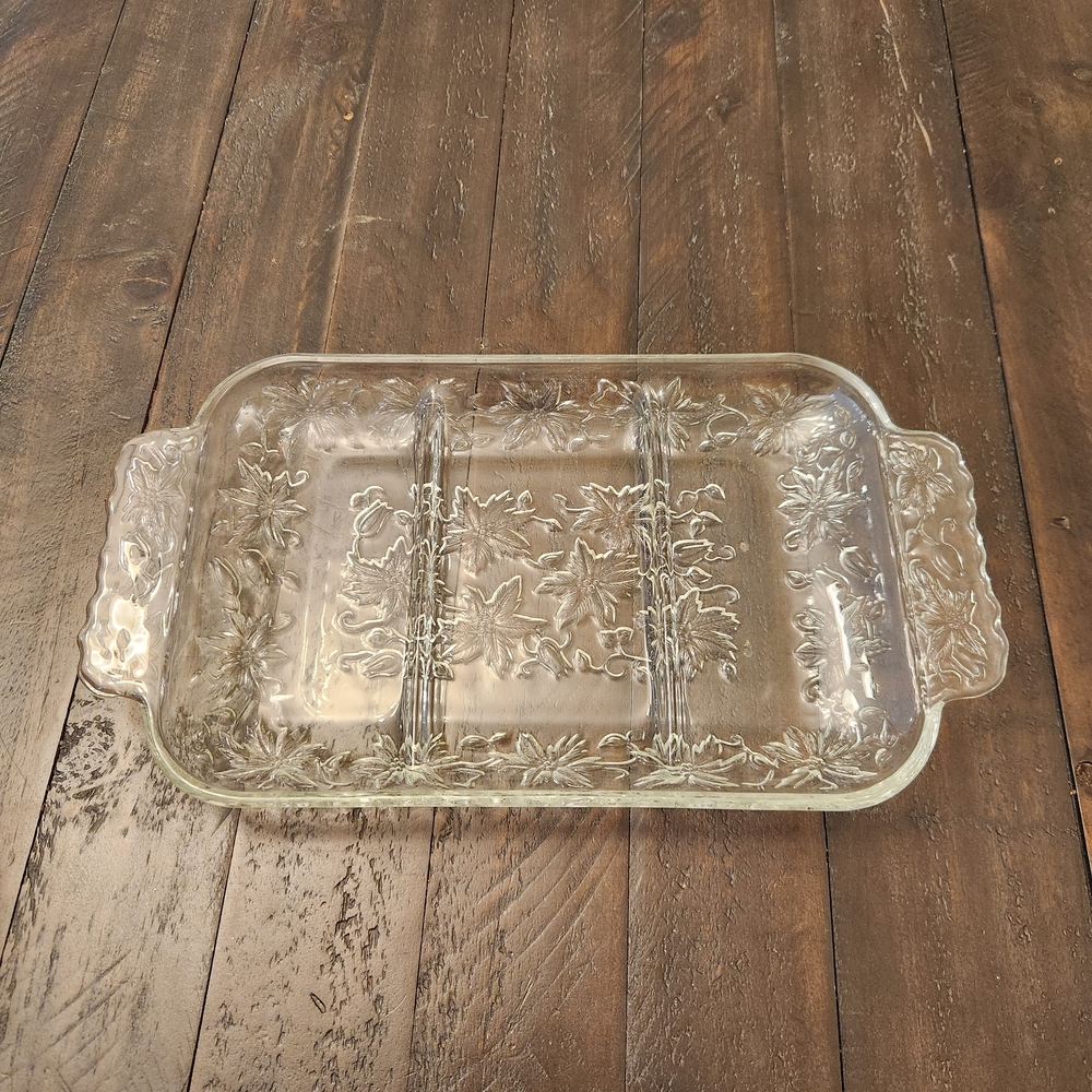 Vintage Princess House Fantasia Poinsettia Crystal Glass 3 divided Relish Dish